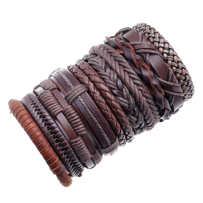 Wholesale Vintage Handmade Woven Jewelry 10 Pieces Mixed Bracelets Multilayer Adjustable Leather Men Bracelet