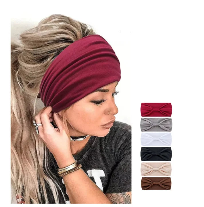 Wholesale Custom Women Wide High Stretch Elastic Solid Color Turban Knotted Headbands Polyester Sweatbands for Yoga & Sports