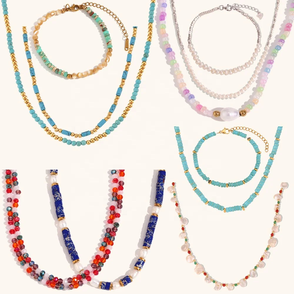 Dingran 2025 Fashion Jewelry Set Stainless Steel Waterproof Bead Necklaces & Bracelet for Women