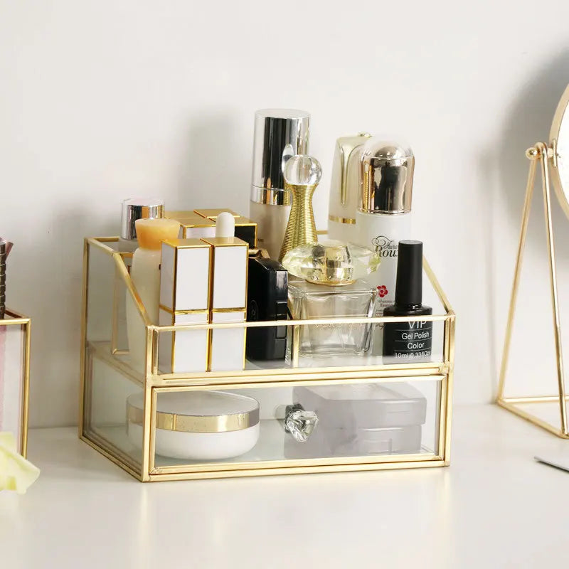Cocostyles Custom Handmade Luxury 4 Tiers Drawers Type Glass and Brass Storage Box with Handles for Cosmetics Box Makeup