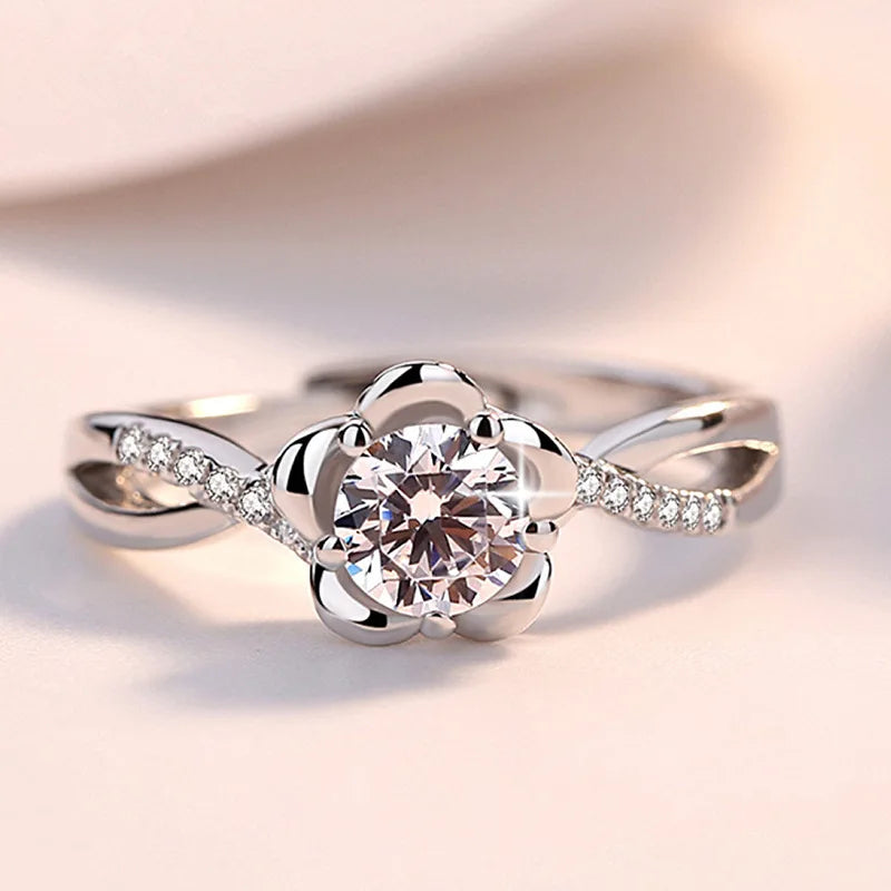1 Carat Zircon Gold Plated Alloy Ring Open Ring Live Streaming Supply Zircon-Encrusted Flower Plum Blossom Ring