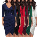 Spring Summer Fall Womens Clothes Three-quarter Sleeve V-neck Office Dinner Party Ladies Dress Women Lady Elegant Casual Dresses