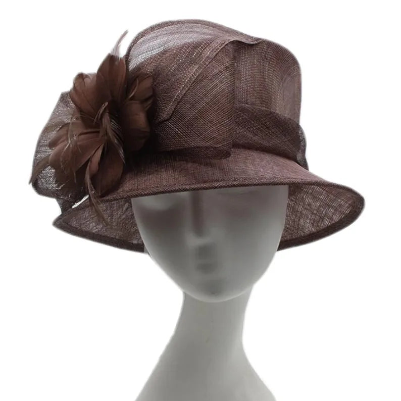 Chic Elegant Sinamay Coffee Dress Cloche Bowler Wide Brim Formal Sun Hat Fashionable Wedding Party Hat for Women