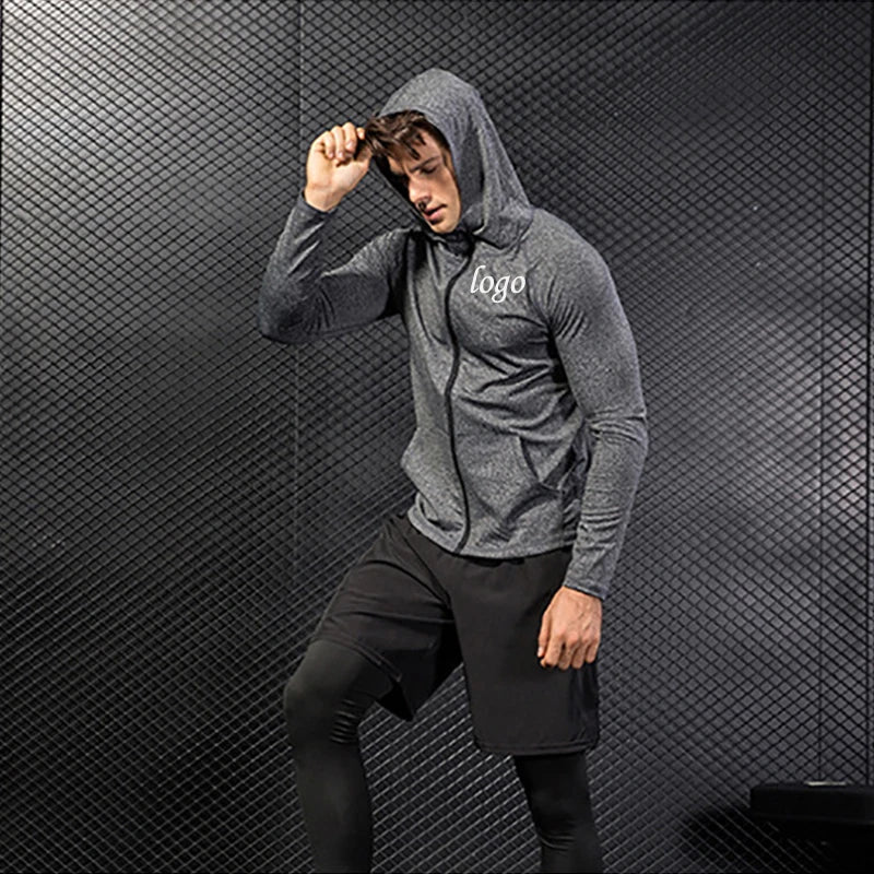 Men's Lightweight Long Sleeve Gym Sport Hoodies High Stretch Full Zipper Windproof Training Outerwear Tops Solid Color