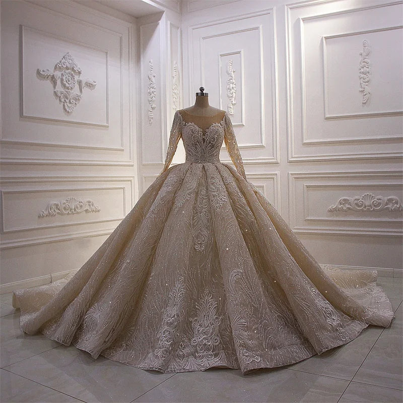 Jancember AM649 2022 Glitter Sequins Champagne Plus Size Ball Gown Dresses Women Wedding