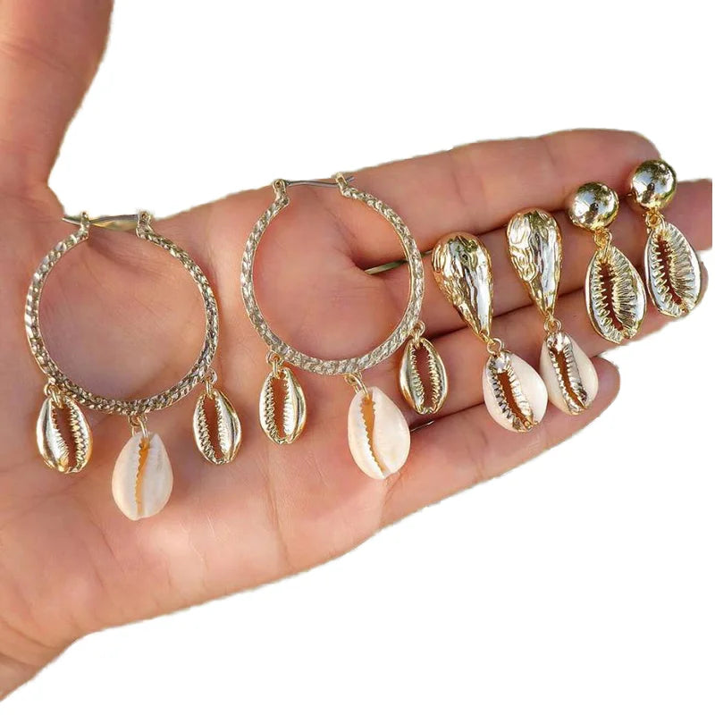 HOVANCI Bestseller Fashion 7 Natural Cowrie Shell Hoop Earring Set Gold Plated Heart-shaped Design for Women's Wedding