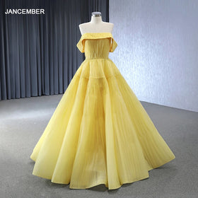 A Line New Tulle Off the Shoulder Bright Yellow Evening Dress Tiered Skirt Beaded Waist Girl Ball Gown Rsm241002-2