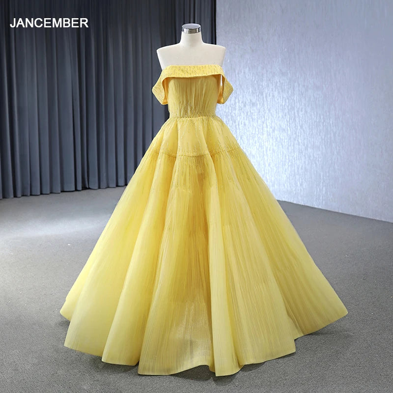 A Line New Tulle Off the Shoulder Bright Yellow Evening Dress Tiered Skirt Beaded Waist Girl Ball Gown Rsm241002-2
