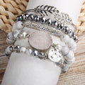 Summer Fashion Bohemian Women Jewelry Leaf Bangle Natural Stone Shiny Glass Handmade Beaded Elastic Druzy 5pc Stack Bracelet Set