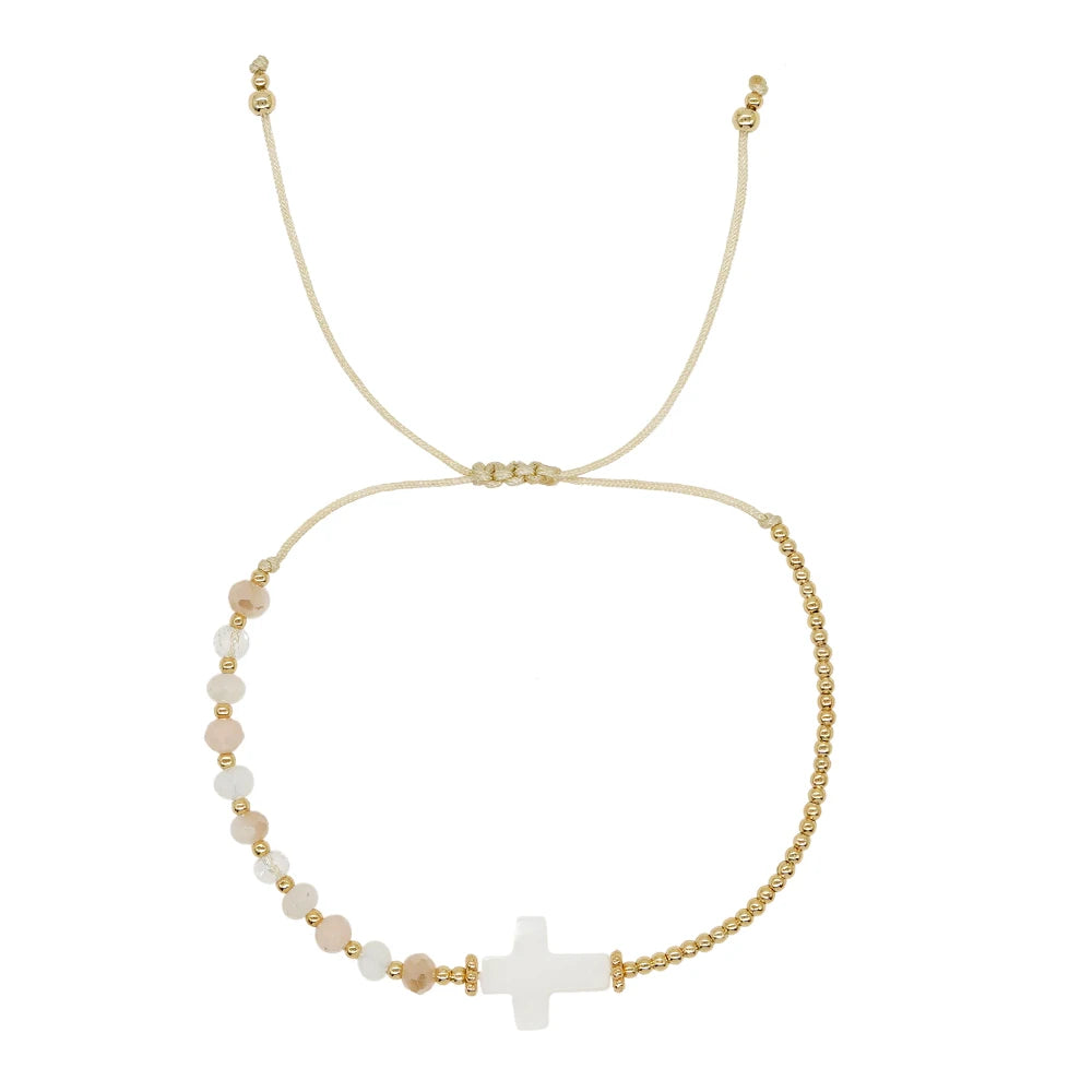 Go2boho Boho Handmade Gold Plated Crystal Bead Shell Charm Cross Bracelet for Women-Gift & Wedding Occasion
