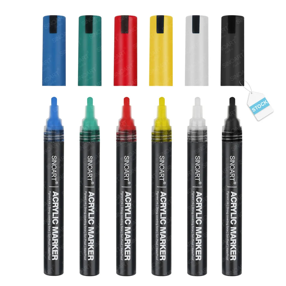 SINOART Stock 2mm Plastic Tip Non-toxic 6 Colors 6pk Acrylic Paint Marker for Wood Canvas Stone Glass Ceramic Paper