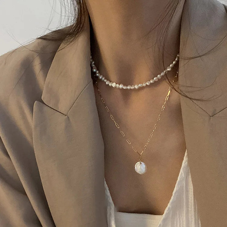 Fashion Gold Plated Chunky Link Chain Necklace Pearl Layer Necklace Irregular Pearl Jewelry Multilayer Necklace for Women Girls