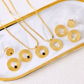New Tarnish Free Stainless Steel Jewelry Set Necklace Earrings Ring 18k Gold Plated Round Shape 3 Pcs Set for Women Gift