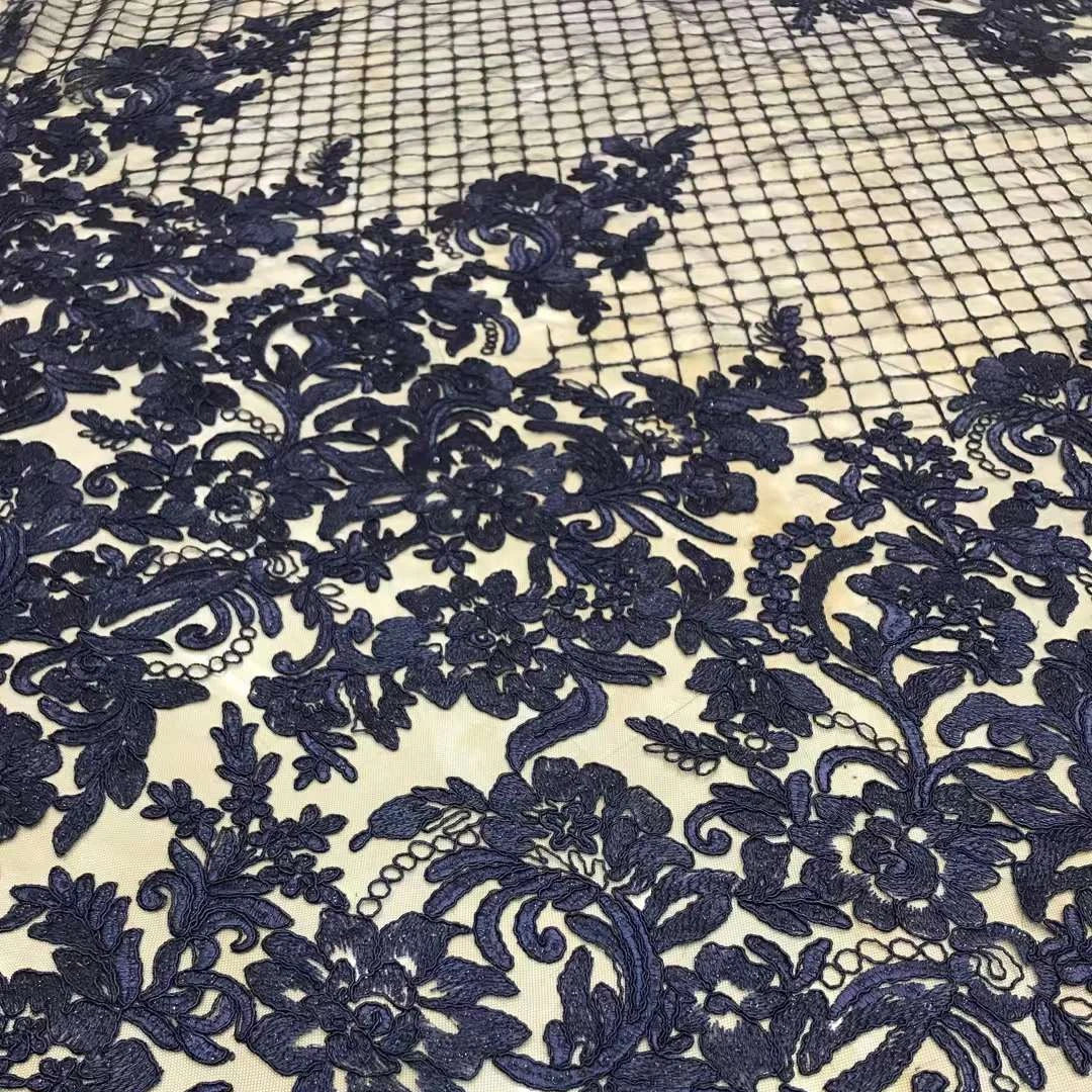Navy Blue Embroidery Square Floral Wedding Dress Lace Fabric