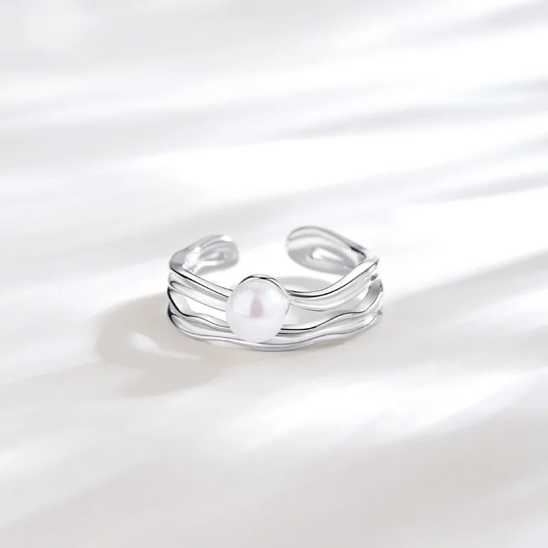 925 Silver Women's White Shell Pearl Engagement Ring Rhodium/Gold Plating Opening Design Irregular Texture Fine