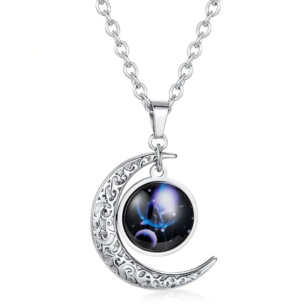 Wholesale Custom Retro Astrology Stainless Steel Half Moon Crescent Starry Night Pendant Necklace 12 Zodiac Sign Glass Chains