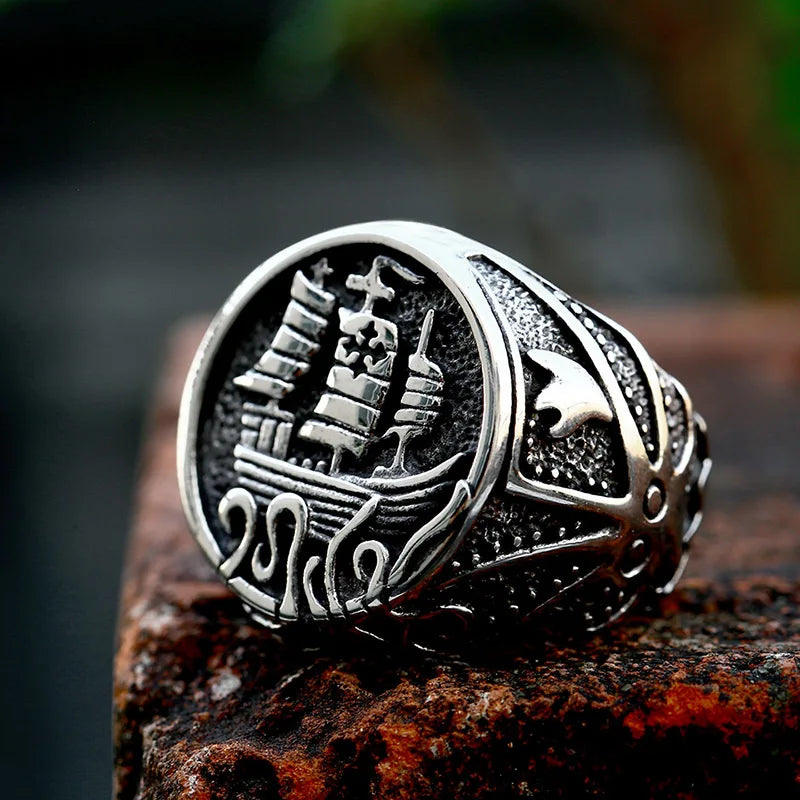 Fashion Jewelry Rings Vintage Viking Drakkar Ship Kraken Norse Sea Monster Octopus Squid Tentacle Stainless Steel Ring for Men