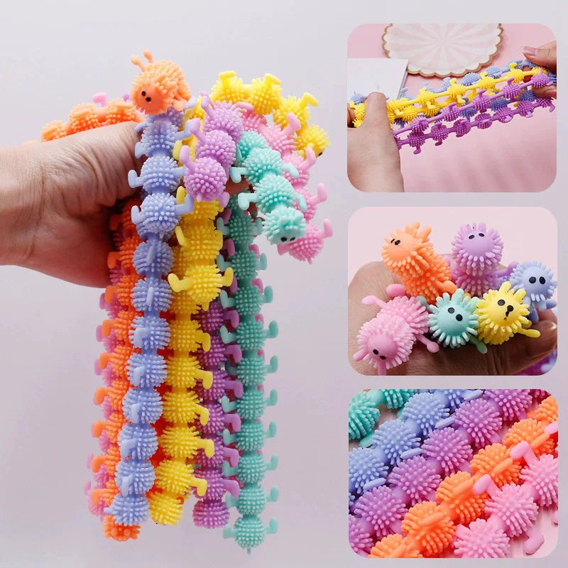 Creative Stress-Relieving Bracelet Toy Colorful Pull-Along Caterpillar Bracelet for Children Soft Rubber Stress-Relieving Toy