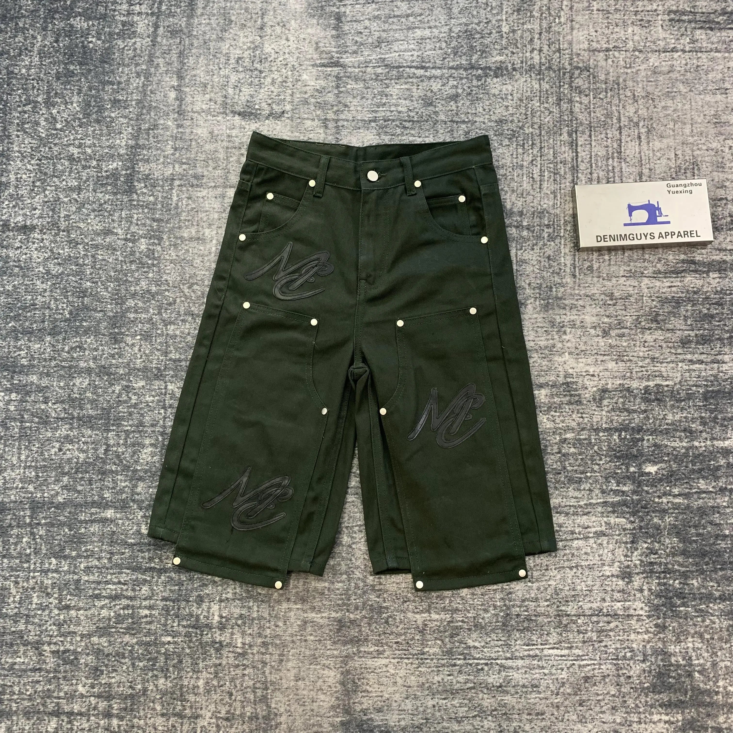 DENIMGUYS Custom Men's Vintage Streetwear Leather Patch Carpenter Jorts Retro Washed Knee Patch Denim Jean Shorts for Men