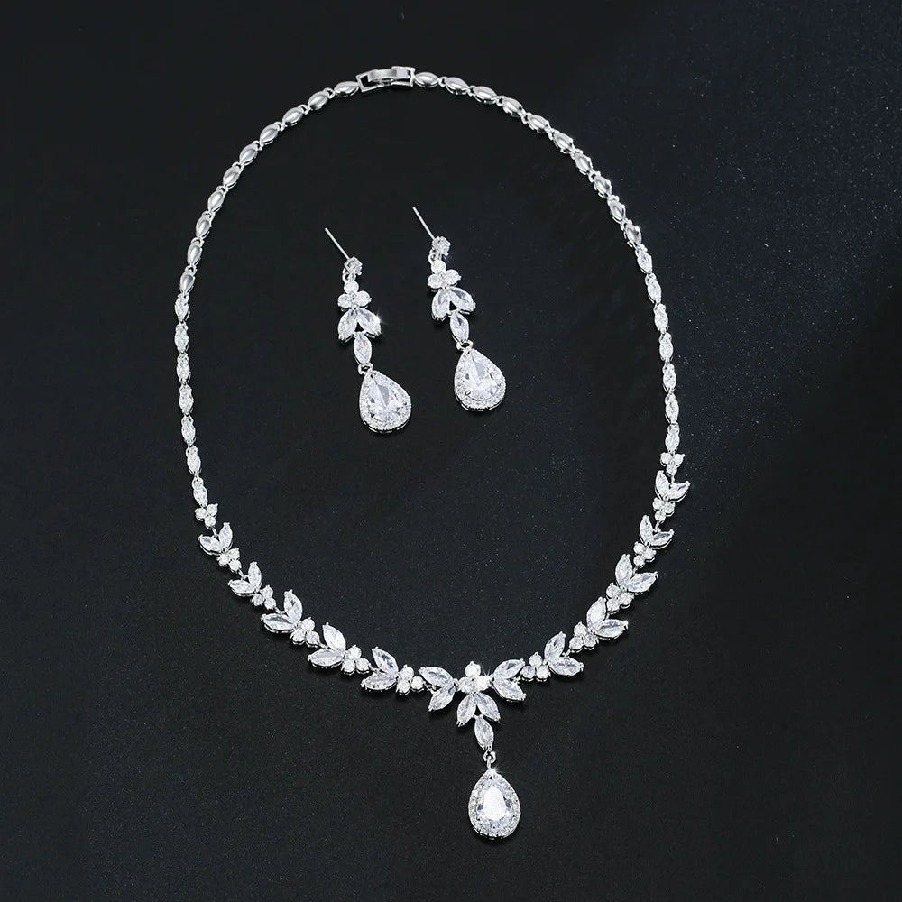 LUOXIN Wedding Bridal Silver Plated Necklace Earrings Set Leaf Water Drop Jewelry Set