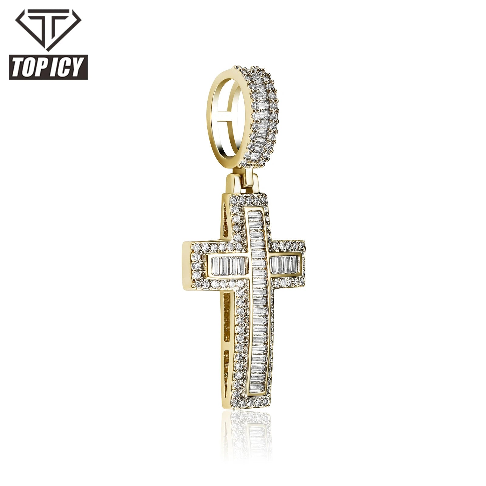 New Design Zircon baguette Cross Pendant Thick Brass Gold Plated Pendant Iced Out Jesus Cross Necklace Jewelry