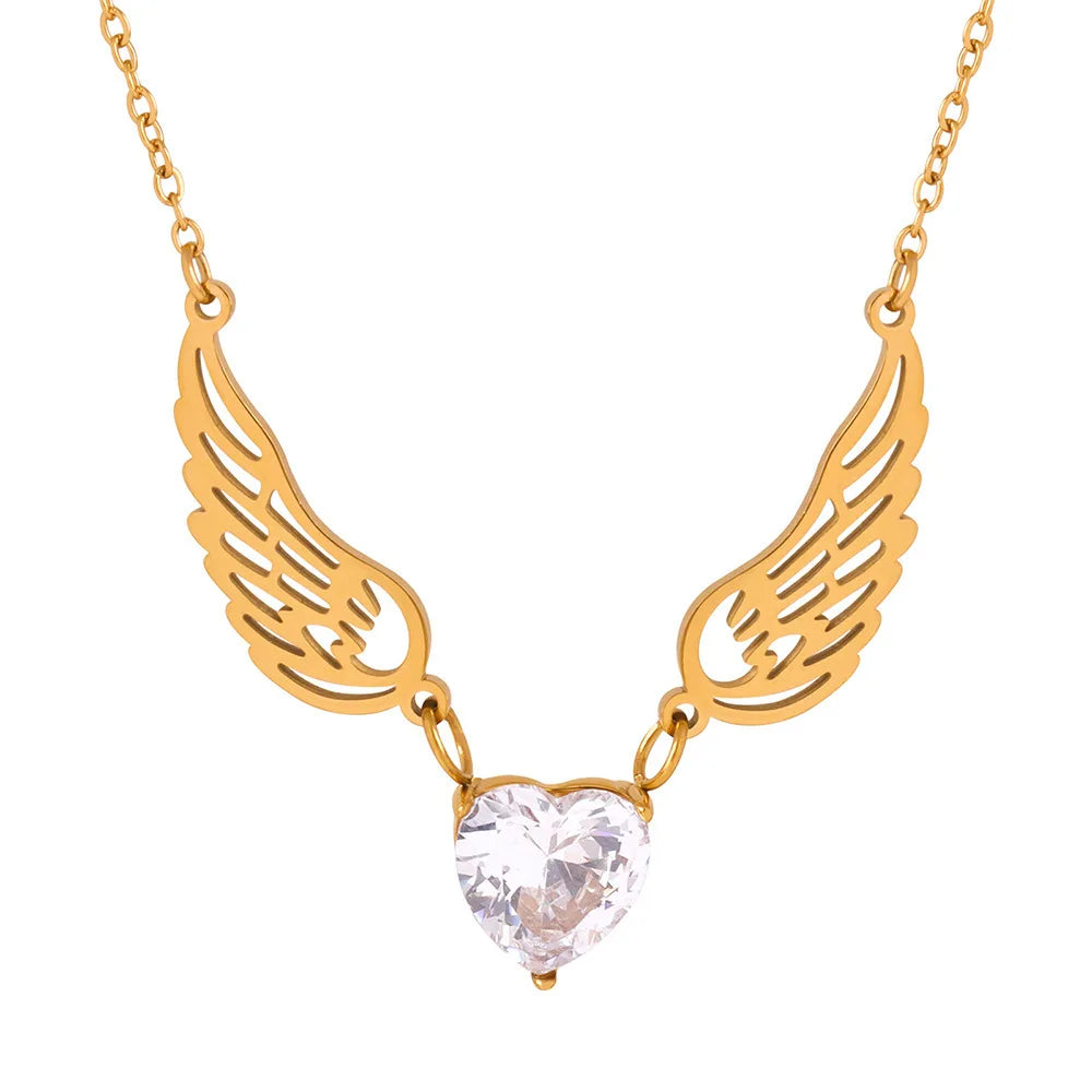 Ins Loving Heart Zircon Angel Wings Necklace Titanium Steel Goddess Clavicle Chain for Queen Mother Gift Ornament Female No Fade