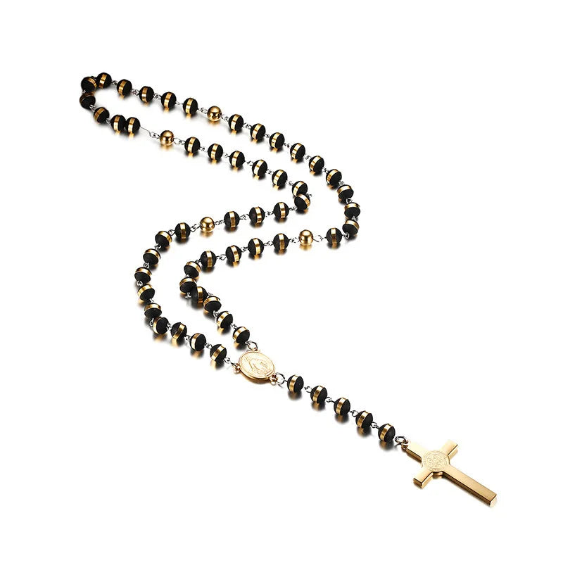 Fashion Trending Gold Plated Silicone Beaded Necklace Catholic Religious Cross Charm Tarnish Free Jewelry