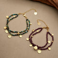 Elegant Turquoise Concave Circle Pendant Double Layer Bracelet Real Gold Plated Brass Boho Jewelry for Women Gift
