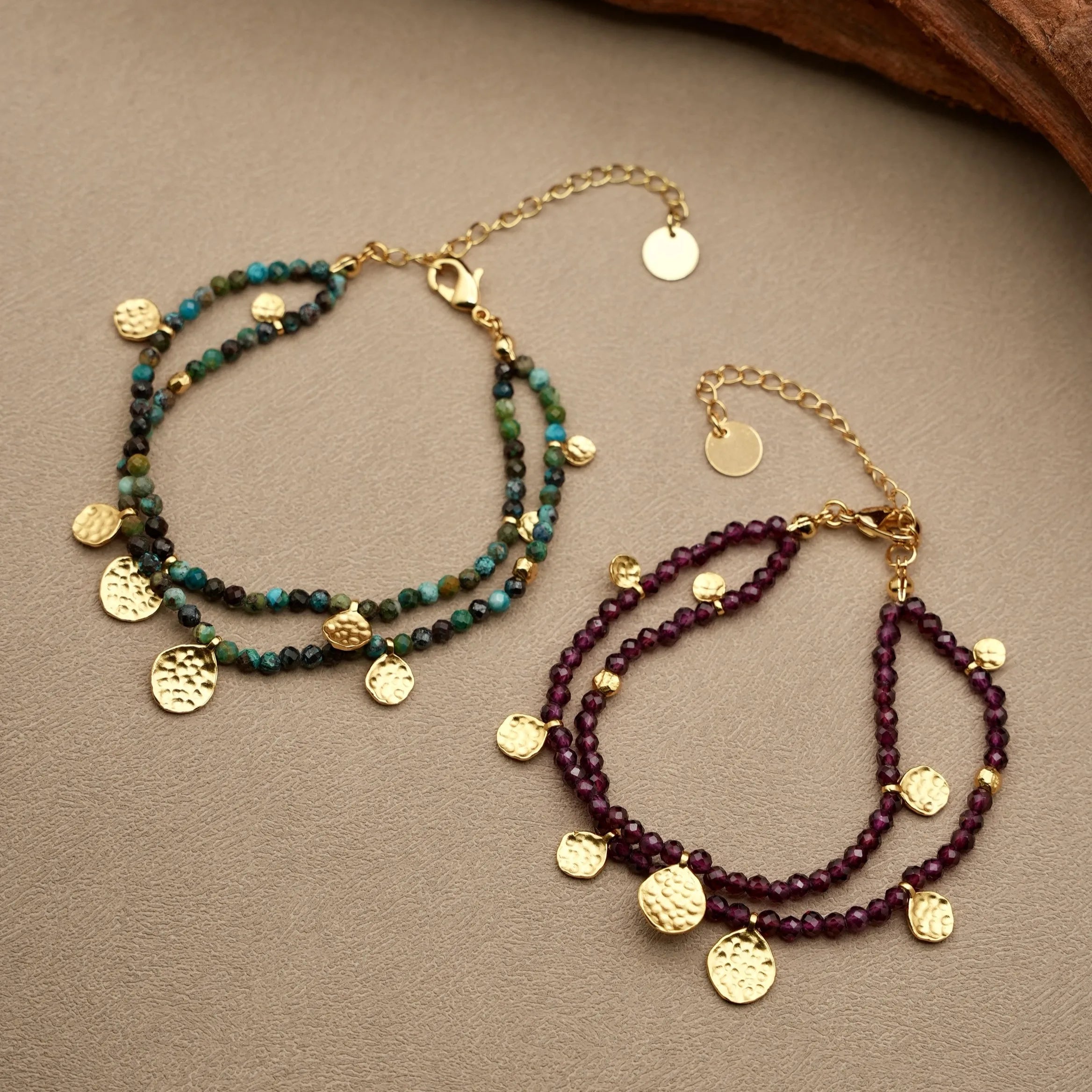 Elegant Turquoise Concave Circle Pendant Double Layer Bracelet Real Gold Plated Brass Boho Jewelry for Women Gift
