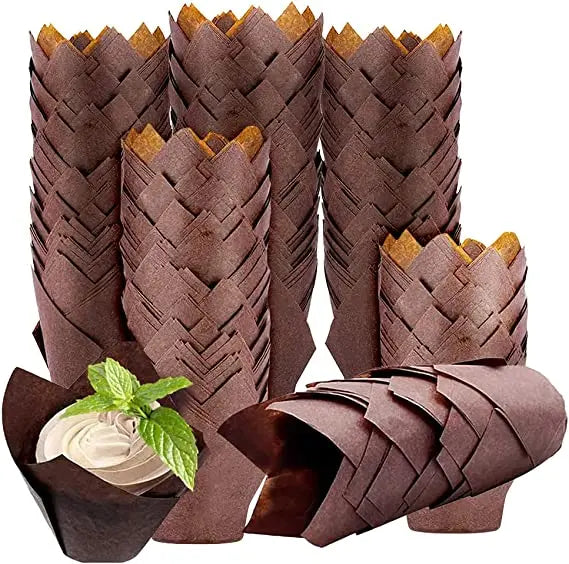 Tulip 100pcs Rustic Cupcake Wrapper Brown White Nature Color Muffin Liners Paper Cake Cups with PVC Box Packaging Cake Tools