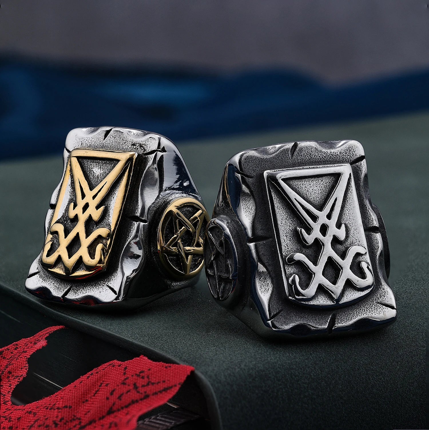 Custom Mens Gothic Retro 316 Stainless Steel Pentagram Star Lucifer Signal Satan Signet Ring for Men Women