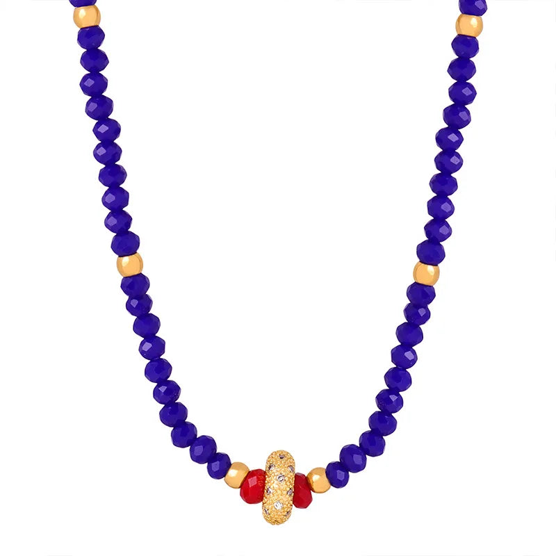National Style Handmade Jewelry Stainless Steel Dark Blue Gemstone Natural Stone Beads Chain Necklace for Women Girls