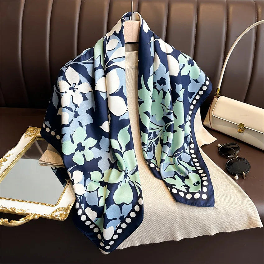 Latest Design Fancy Flower Pattern Silk Square Scarf Shawls Women 90*90CM Silk Scarf Elegant Soft Floral Printed Silk Bandanas
