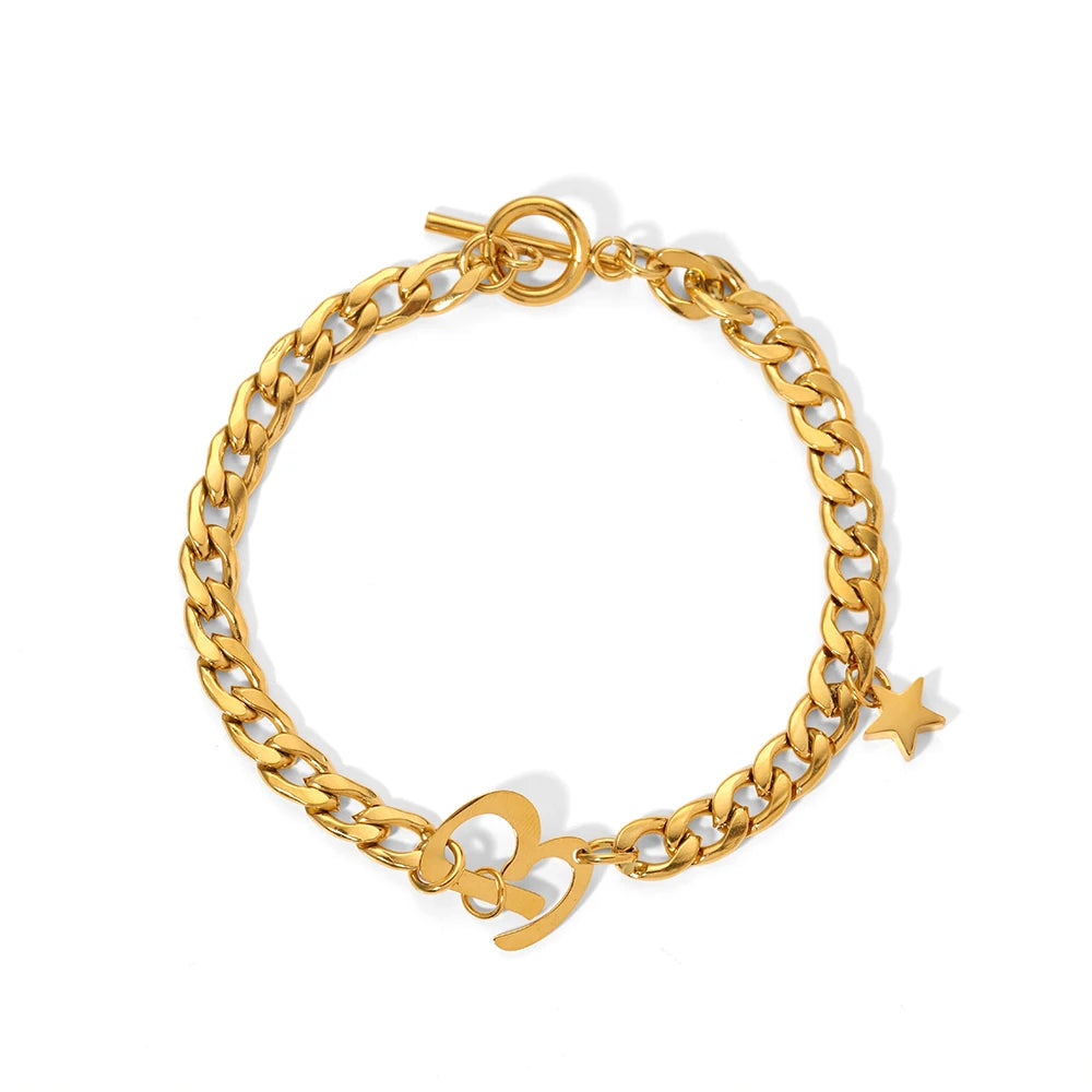 Hip Hop Stainless Steel 18K Gold Plated Cubic Link Chain Initial Letters Star Charms OT Buckle Bracelets for Women