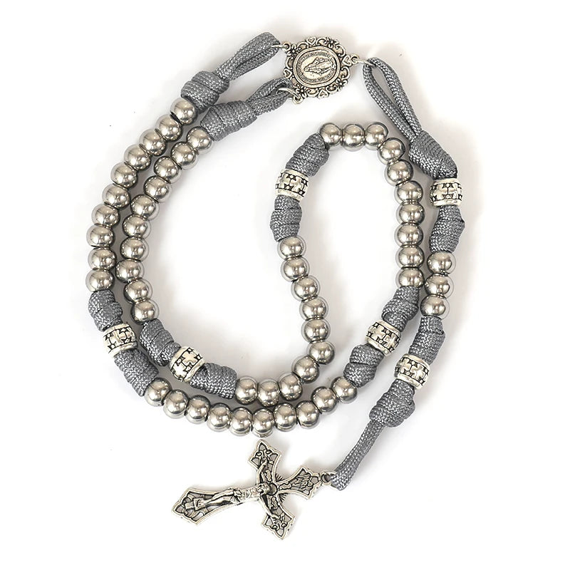 Luxury 10 mm Silver Alloy Beaded by Para Cord Catholic Rosary Necklace with Miraculous Medal and Cross