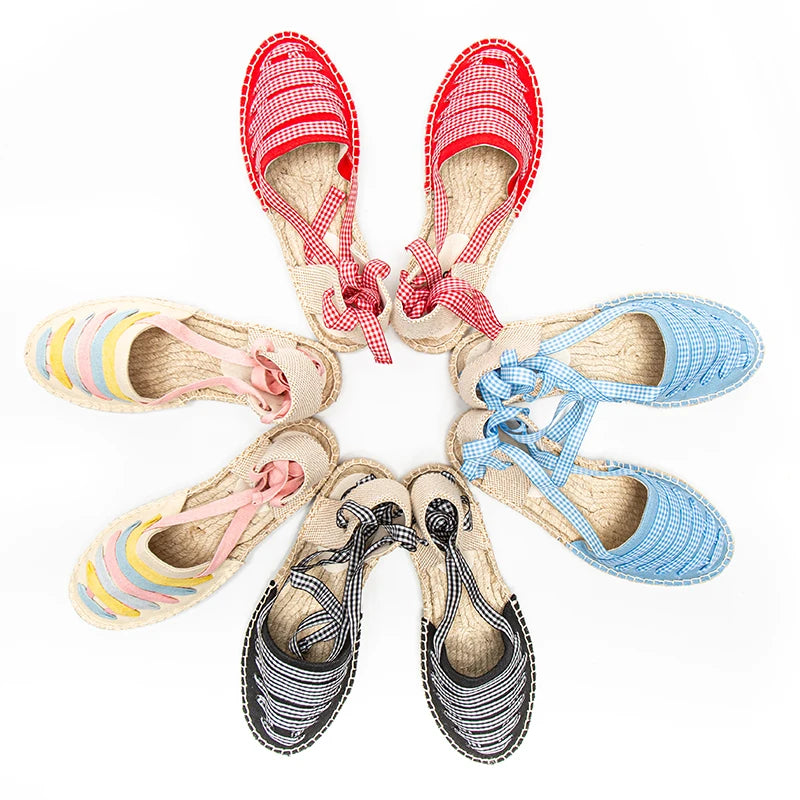 The Summer Fashion Fabric Lace up Mix and Match Color Soft Jute Insole Espadrilles Flat Outdoor Shoes