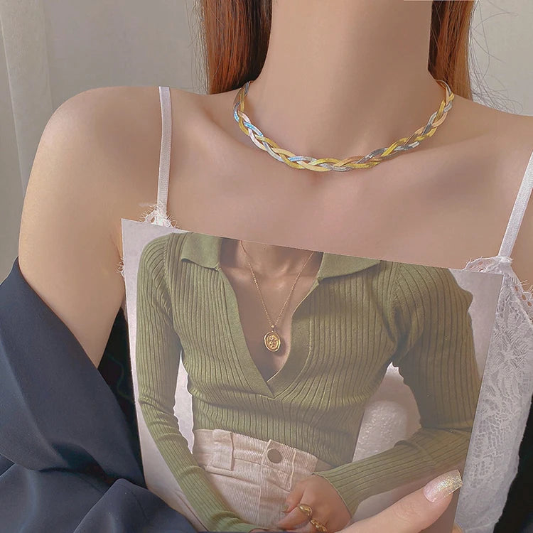 K093 New Fashion Three Strand Wisted Braided Choker 18K Gold Plated Stainless Steel Weave Flat Snake Chain Necklace Bracelet
