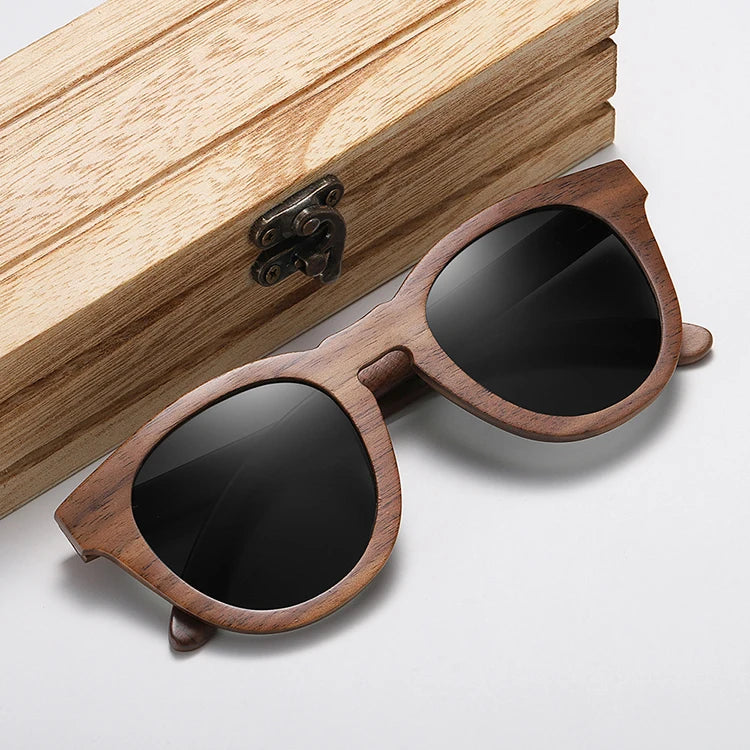 Unisex Round Retro Wood With Metal Sheet Sunglasses Handmade Bamboo Polarized Walnut Wooden Uv Sun Glasses