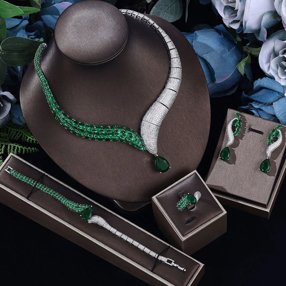 New Design 4pcs Luxury Emerald Bride Necklace Earring Set Fashion Full Diamond Proposal Heart Necklace Ring Set