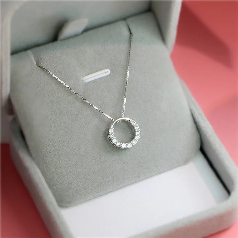 Simple Women Fashion 925 Sterling Silver Round Zircon Pendant Necklace 12MM Fine Jewelry Geometry Circle Cubic Zirconia Necklace