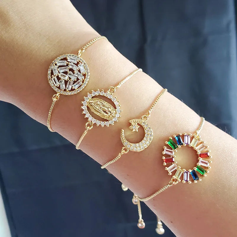 BC1266 Fashion Adjustable Plated Brass CZ Micro Pave Wrist Ladies Blessed Mother & rainbow Circle& Moon Circle Chain Bracelet