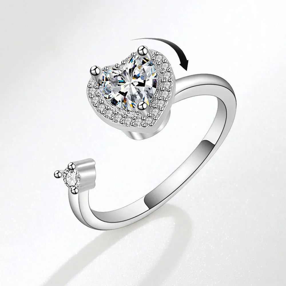 Wholesale Zircon Rotatable Heart Fidget Anxiety Ring for Women Anti Stress Jewelry Rotating Windmill Opening Ring