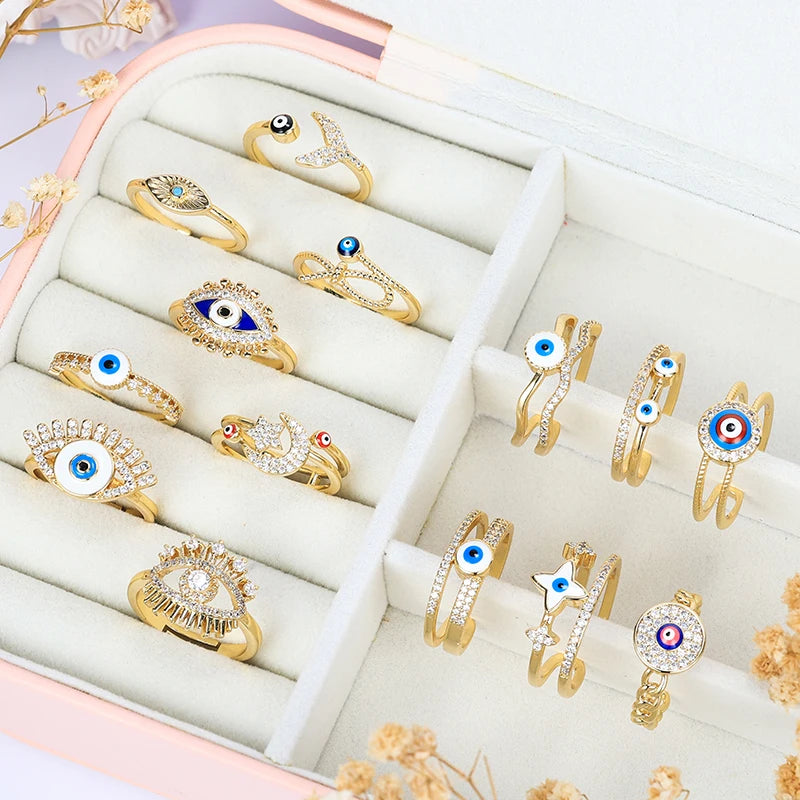 HOVANCI New Design Blue Eye Finger Ring Jewelry Open Adjustable Dainty Oil Drop 18K Gold Plated Evil Eyes Rings Women
