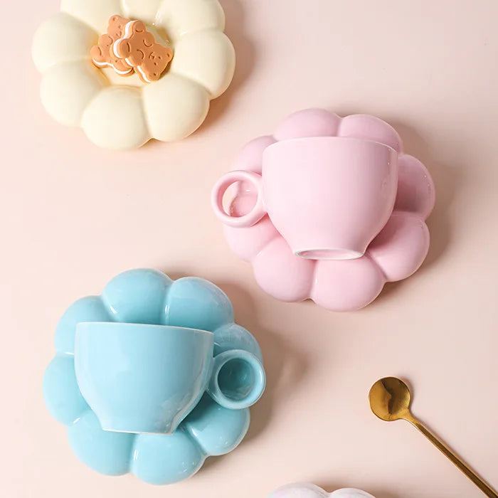 Madou Best Seller Macaroon Sunflower Ceramic Mug and Saucer Set Cloudy Coffee Tea Cups for Enjoying Your Beverages for Gifts