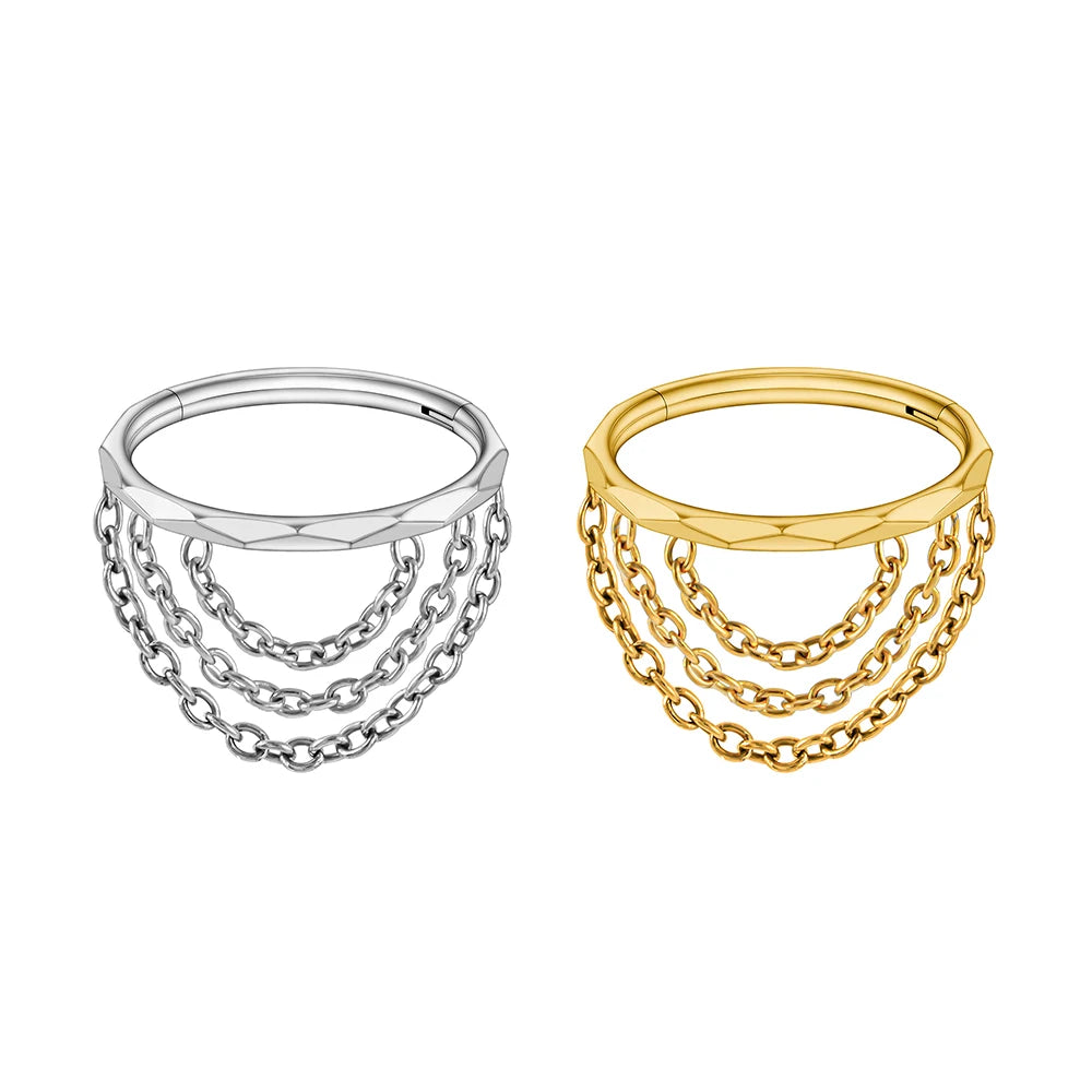 Right Grand ASTM F136 Titanium 16G Triple Chained Hinged Segment Helix Conch Hoop Ring Faceted Cut Septem Clicker Body Jewelry