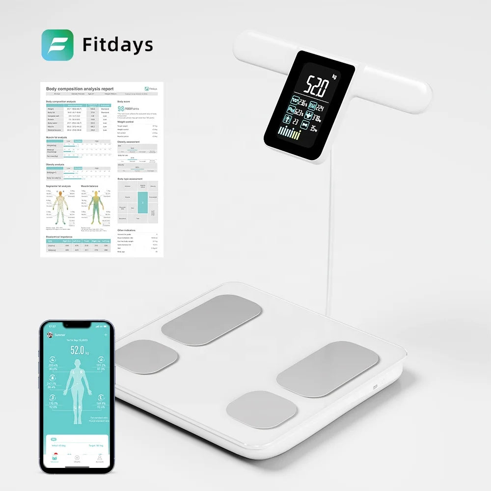 Fitdays+ High-Accurate Digital Body Fat Scale for Bathroom Use 8-Electrodes Composition Analyzer with Report App Controlled