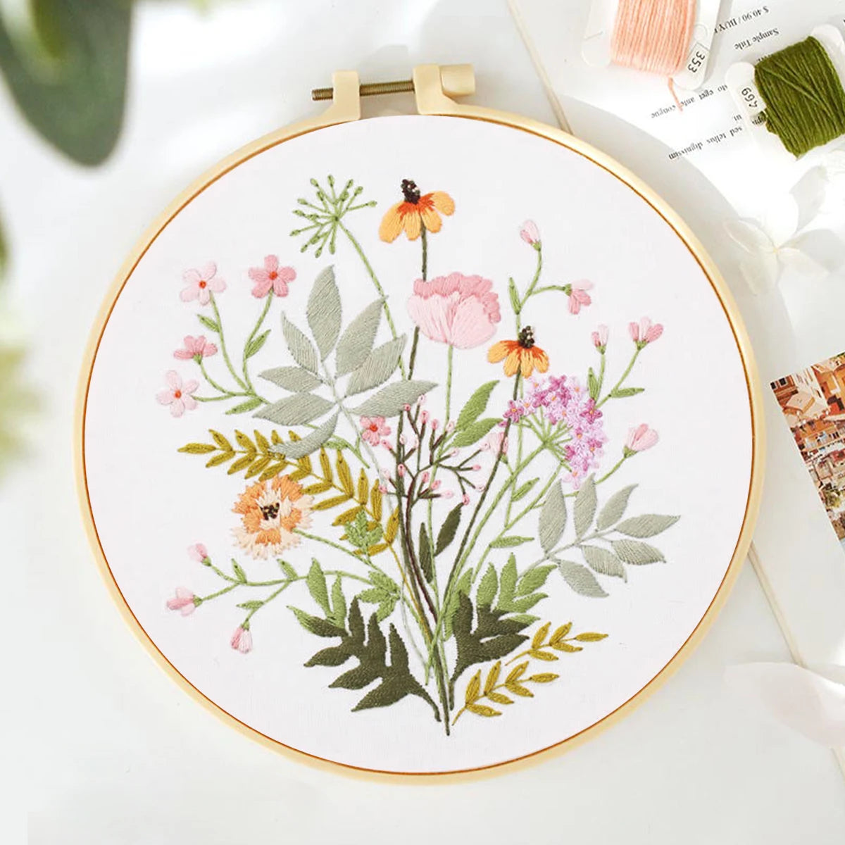 Handmade Cross Stitch Kit Stamped DIY Embroidery Starter Kit with Round Shape Cotton Flowers Plants Pattern for Home Decoration