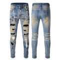 Vintage Blue Rhinestones Winter Streetwear Denim Pants Distressed Ripped Patch Damage Slim Fit Trousers Plus Size Jeans Men
