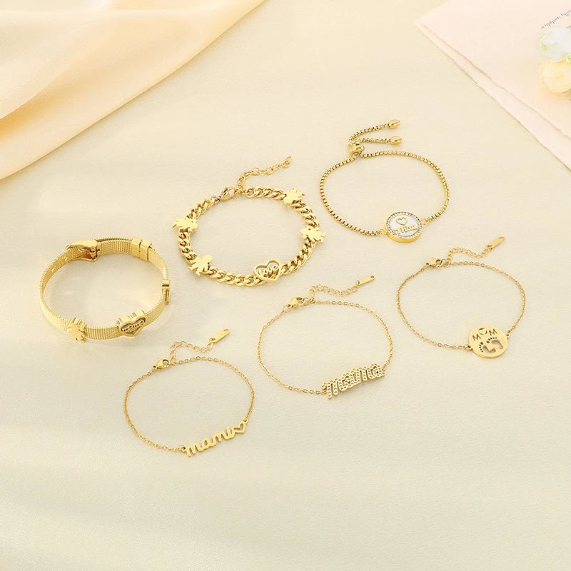 G3903 Wholesale Stainless Steel Mothers Day Gifts Bracelets 18k Gold Plated Heart Shaped Charm Love Mom Mama Bracelet for Women