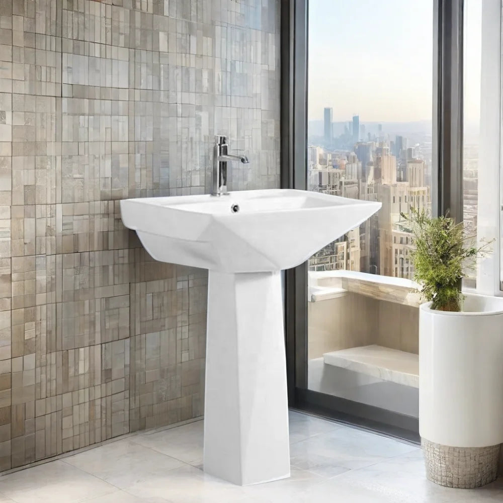 Pure White Ceramic Pedestal Wash Basin with Single Hole Faucet Mount for Bathroom Use Competitive Price